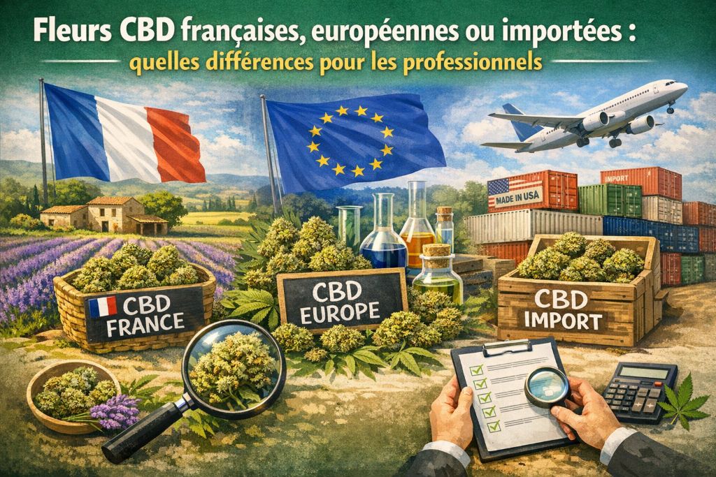 Image composite, drapeau français, avion, fleurs de CBD.